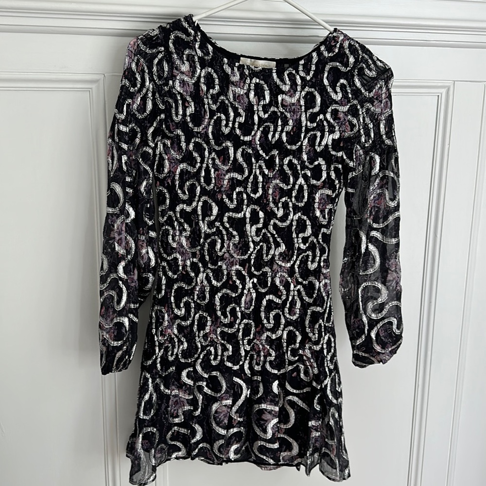 LoveShackFancy Purple Metallic Swirl Floral Smocked Rouged Dress XS